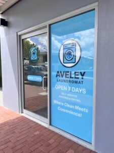 Front door at Aveley Laundromat.